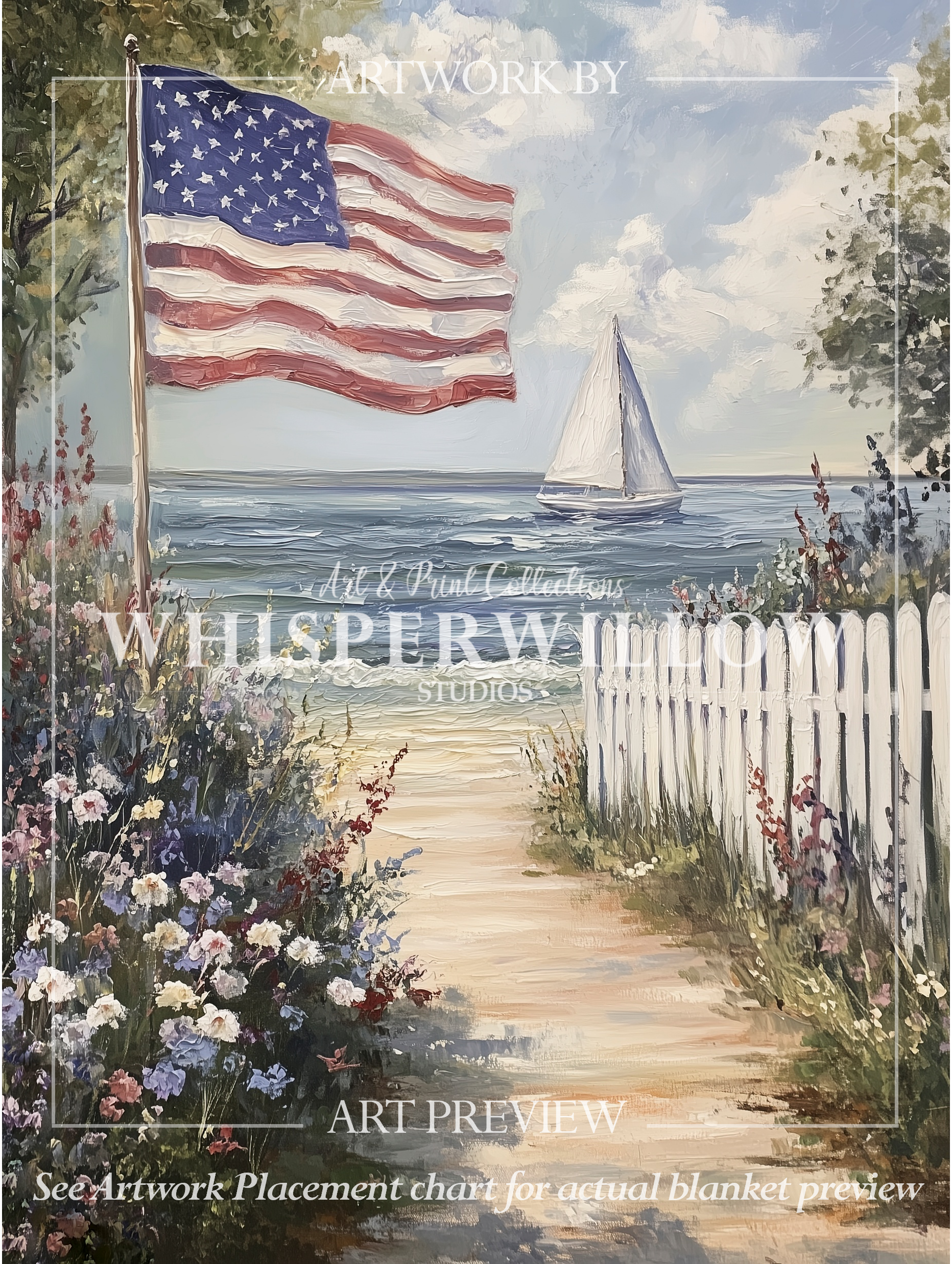 Patriotic American Flag Throw Blanket - Coastal Beach Sailboat Floral Gift