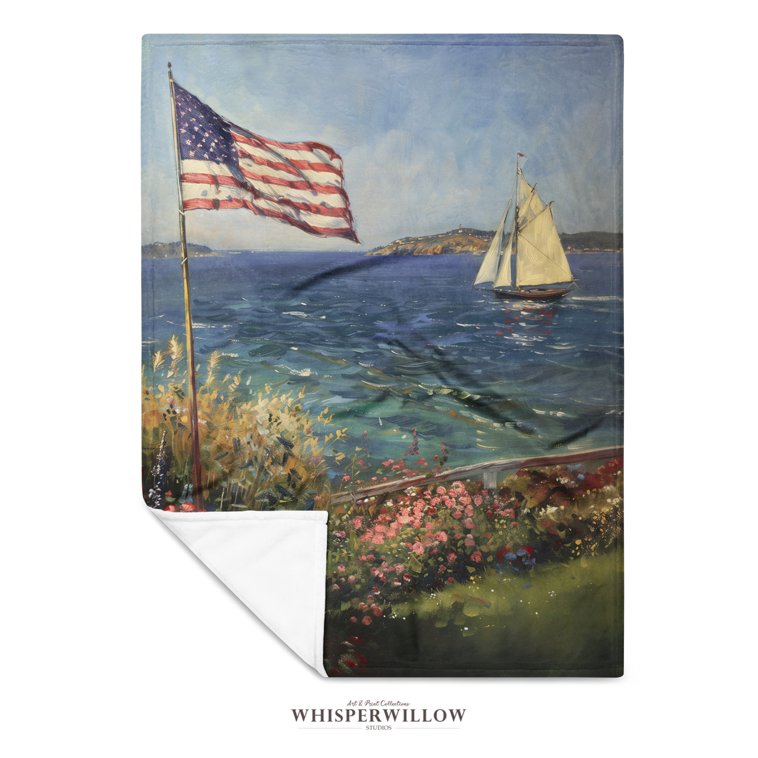 American Flag Coastal Throw Blanket - Ocean Nautical Sailboat Floral Gift