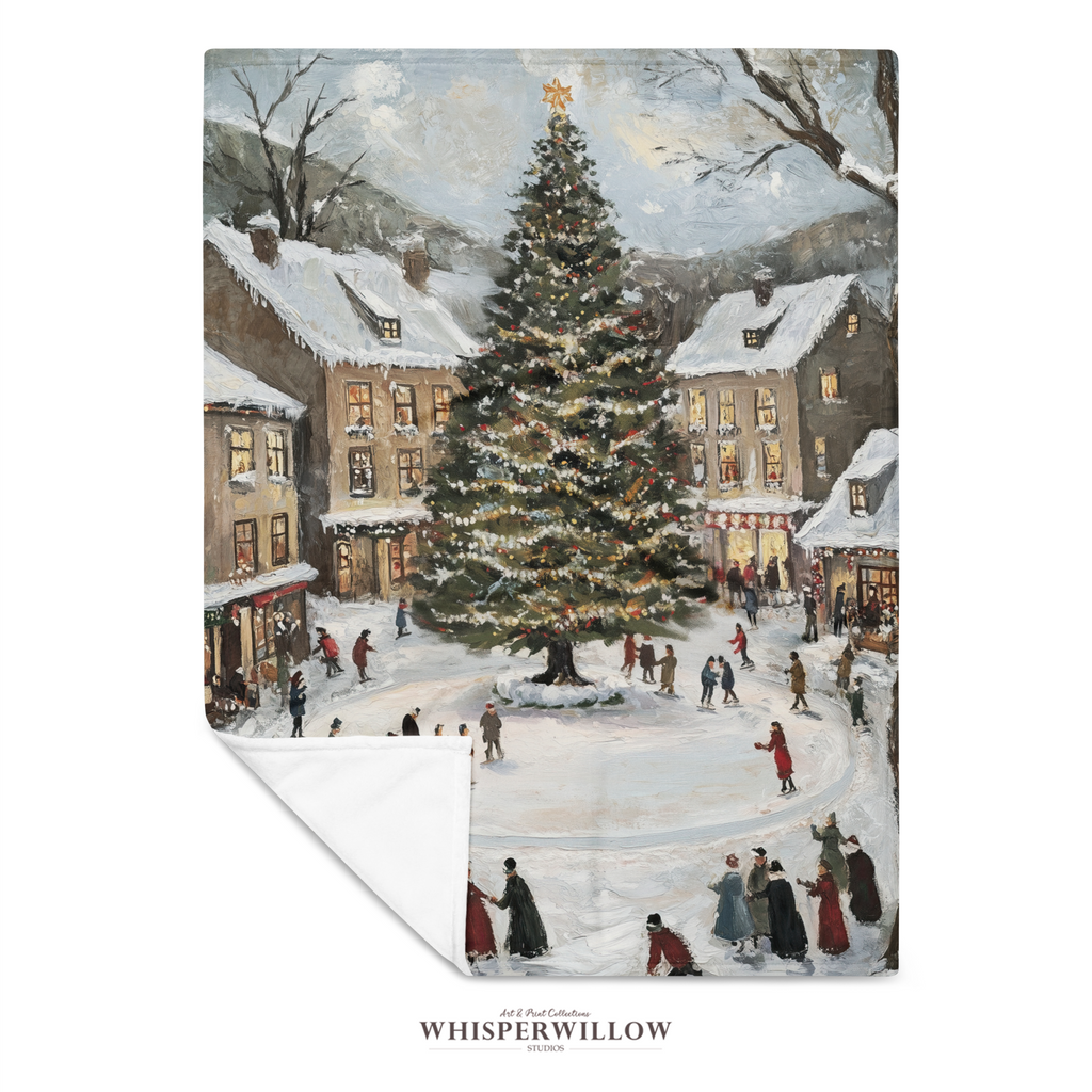 Snowy Village Christmas Throw Blanket - Winter Tree Ice Skating Gift