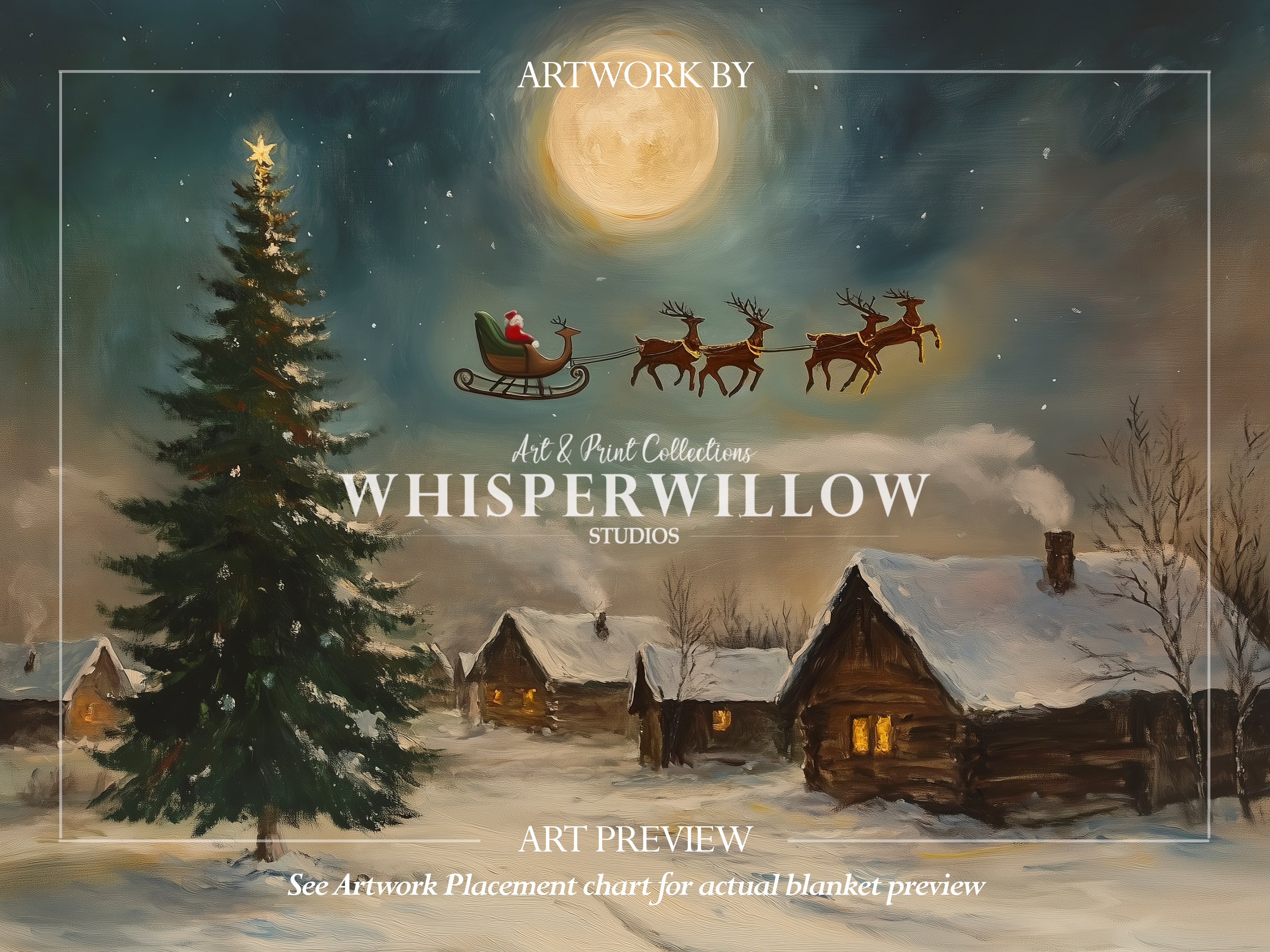 Christmas Santa Sleigh Throw Blanket - Reindeer Moonlit Village Gift