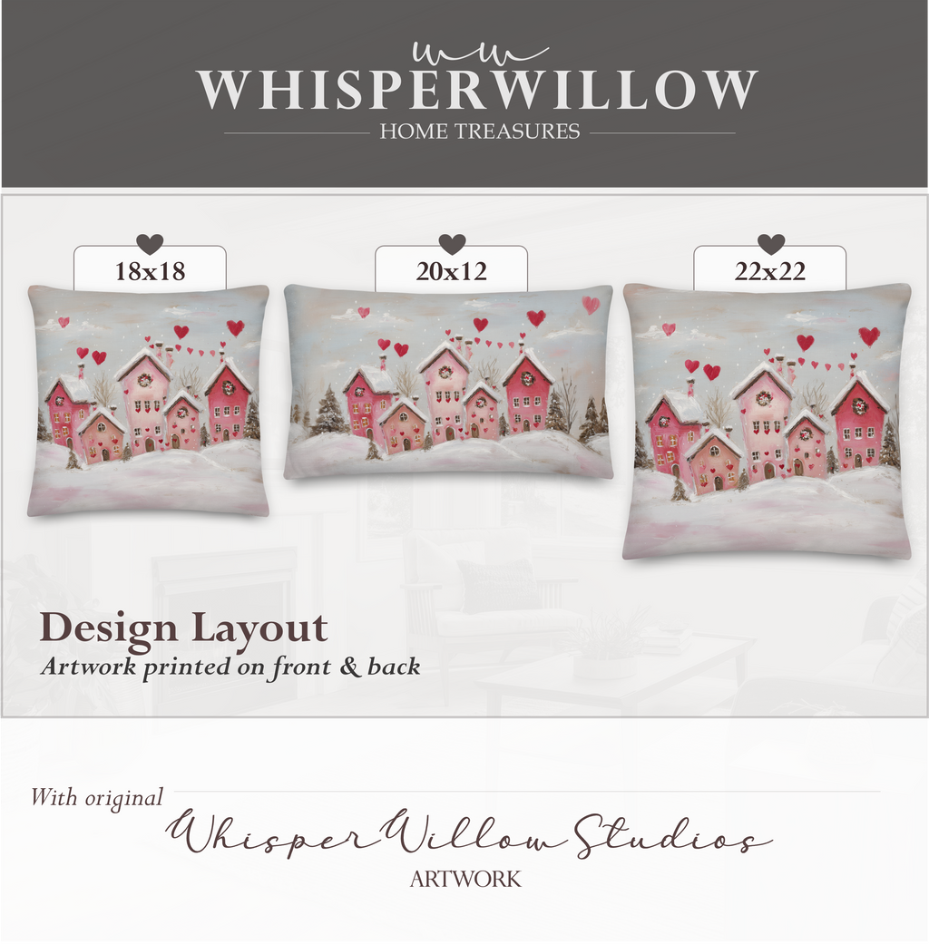 Coussin décoratif Saint-Valentin sur le thème du village d'hiver | Motif maisons en forme de cœur | Coussin cadeau romantique enneigé