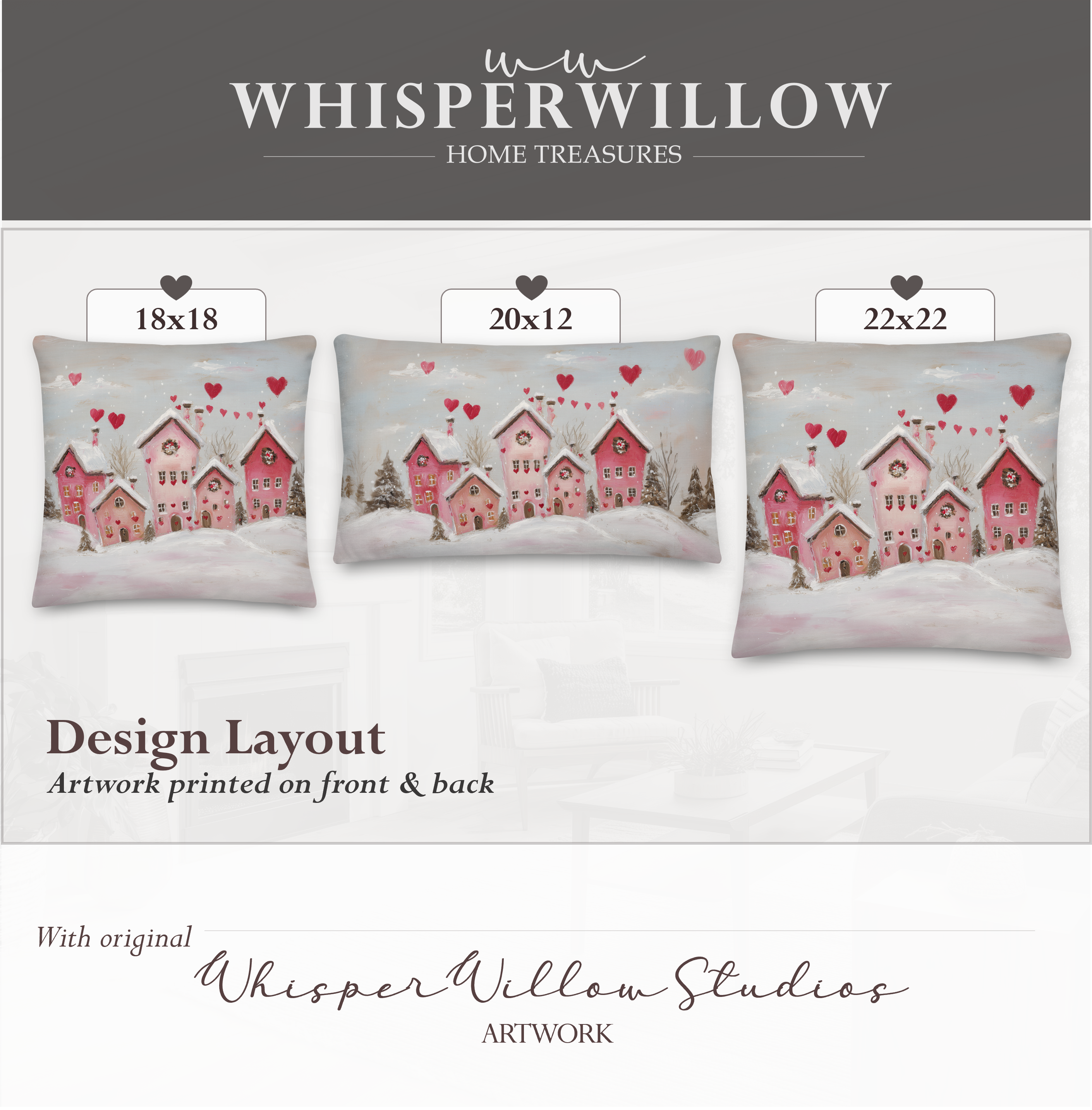 Coussin décoratif Saint-Valentin sur le thème du village d'hiver | Motif maisons en forme de cœur | Coussin cadeau romantique enneigé