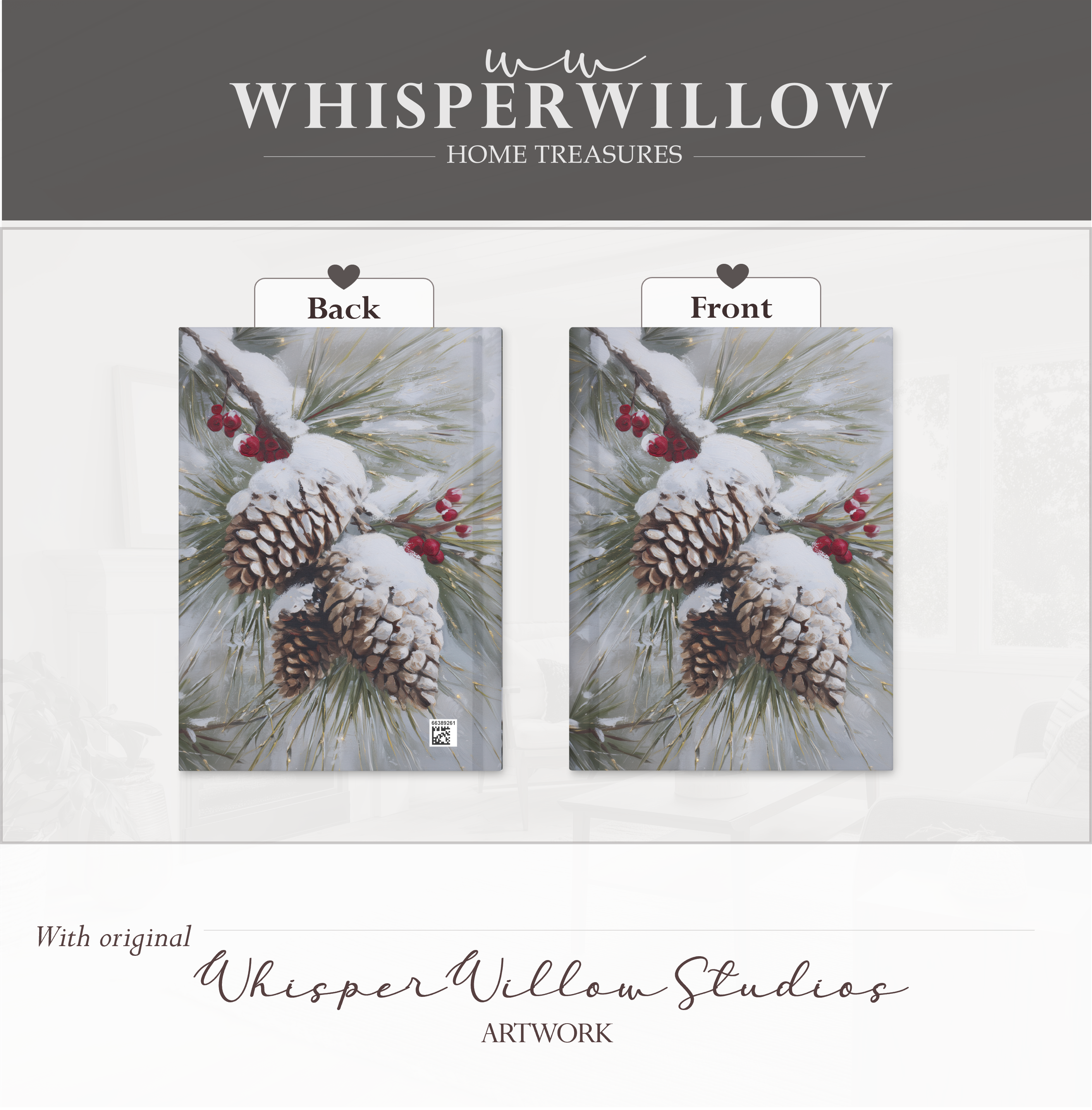 Notizbuch mit verschneiten Kiefernzapfen und immergrünen Blättern – Winterliche Naturkunst, Geschenkidee mit roten Beeren