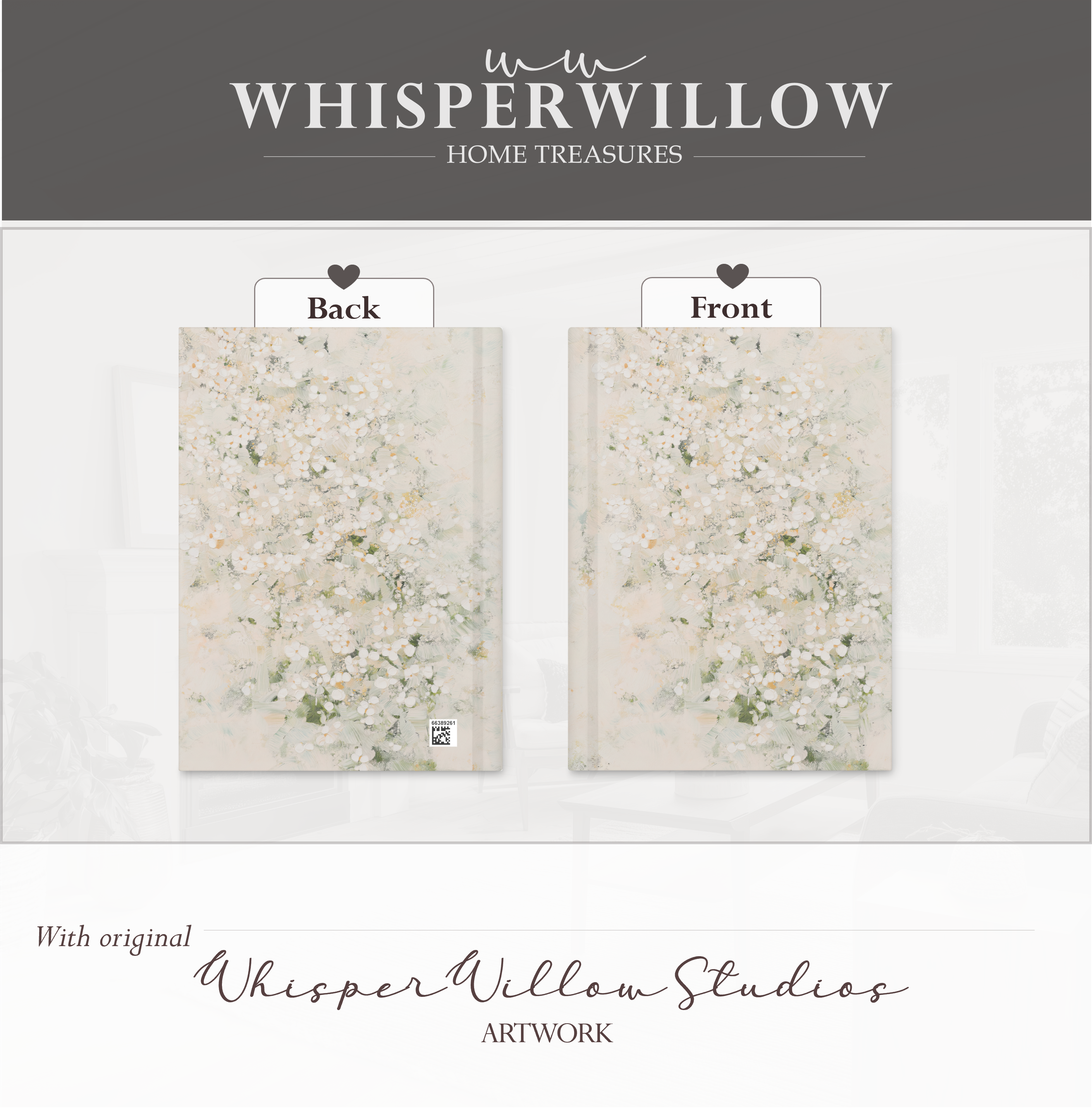 White Floral Abstract Hardcover Journal - Sage Green Cream Botanical Neutral Writer Notebook Gift