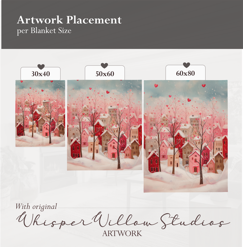 Couverture romantique et douillette « Village de la Saint-Valentin en forme de cœur » | Peluche rose représentant un village d'hiver | Cadeau romantique et réconfortant