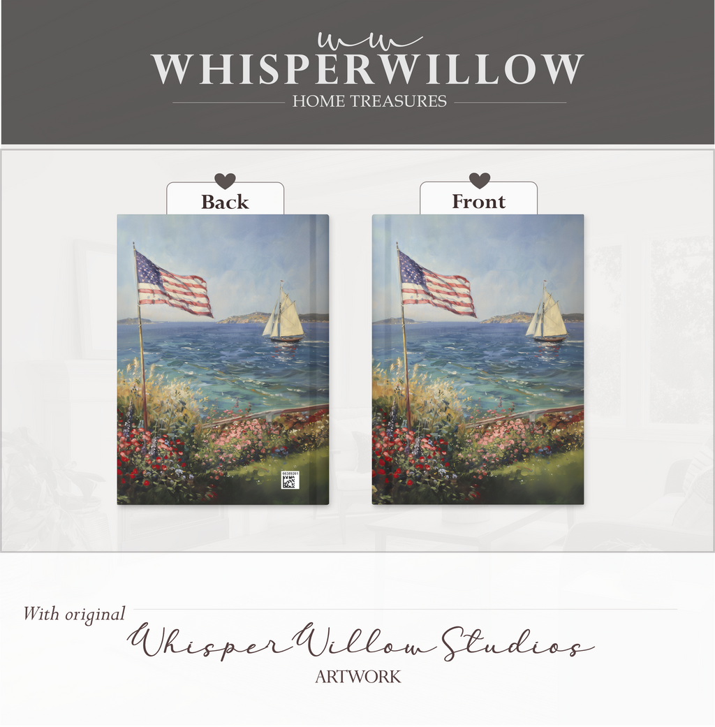 Hardcover-Notizbuch (20,3 x 14,6 cm) | Amerikanische Flagge, patriotischer Garten am Meer | Notizbuch mit Segelbootmotiv – Geschenkidee