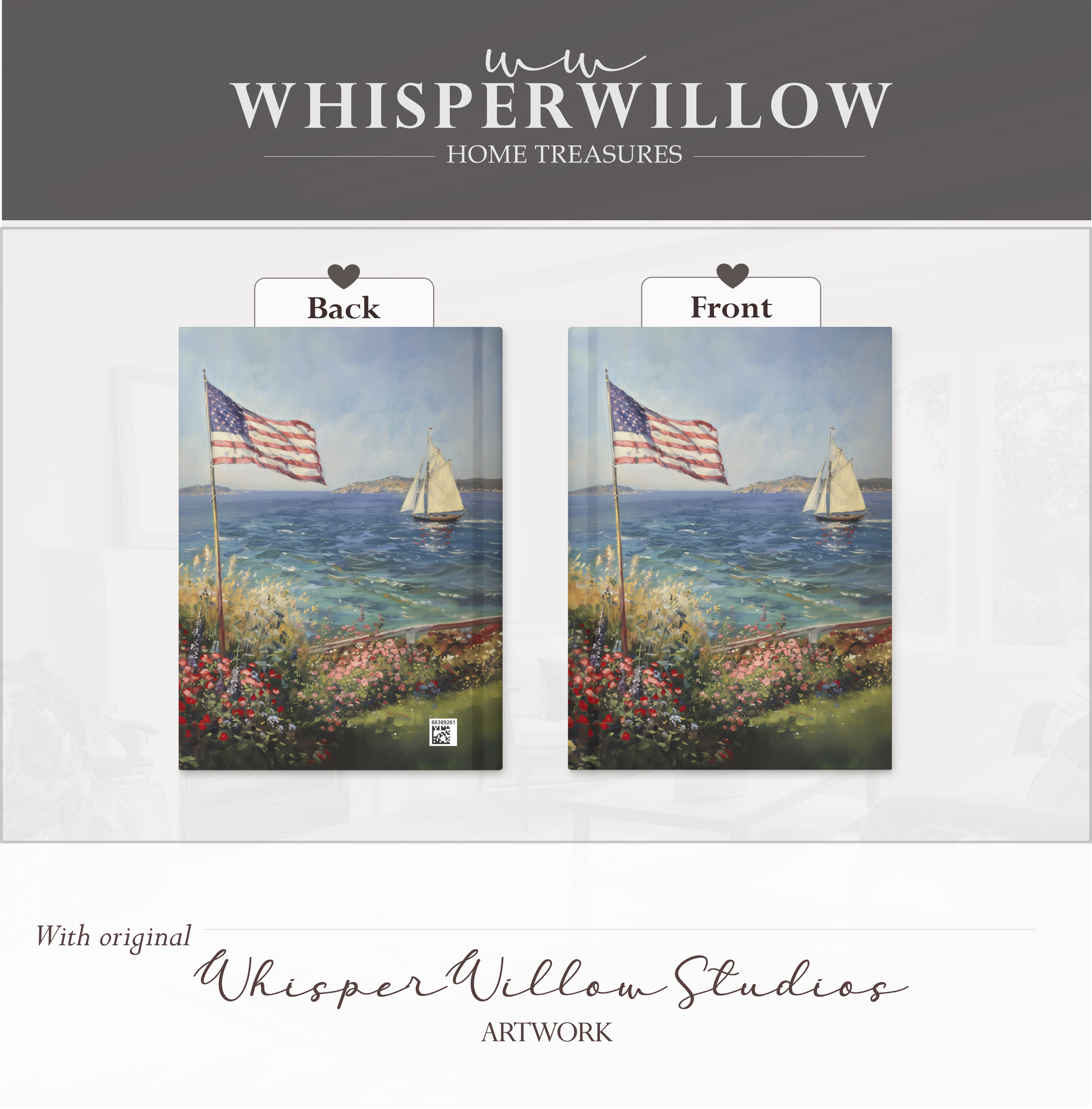 Hardcover-Notizbuch (20,3 x 14,6 cm) | Amerikanische Flagge, patriotischer Garten am Meer | Notizbuch mit Segelbootmotiv – Geschenkidee