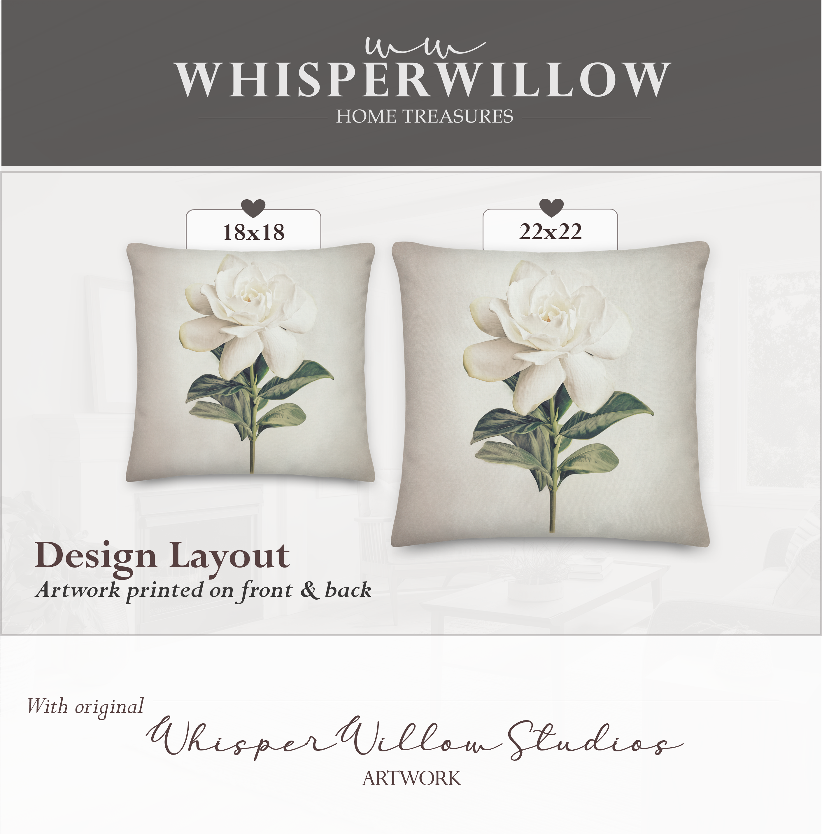 Coussin décoratif blanc gardénia | Motif floral élégant | Coussin décoratif minimaliste à motif botanique