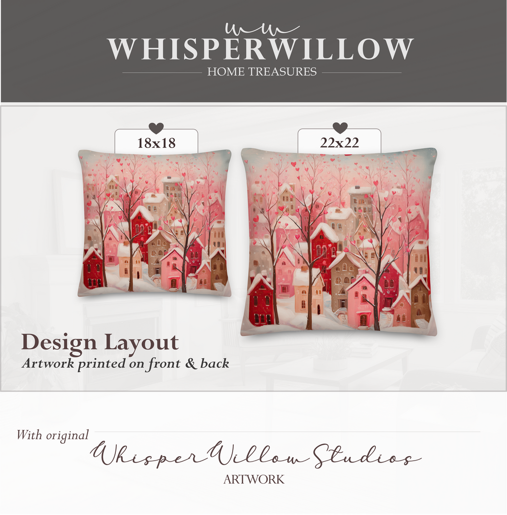 Dekokissen „Herzdorf zum Valentinstag“ | Rosa Winterdeko | Romantisches und verspieltes Geschenk