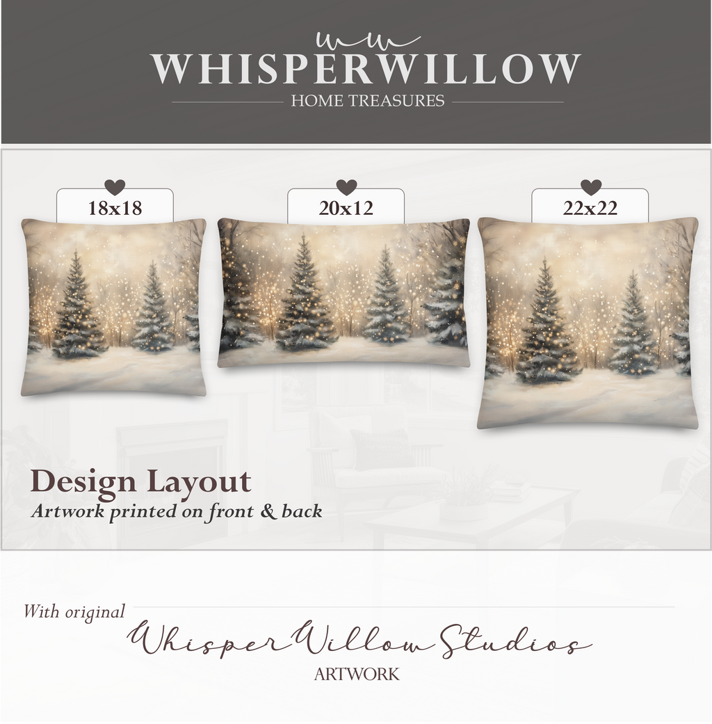 Christmas Winter Forest Throw Pillow | Snow-Covered Trees with Golden Lights | Holiday Decor Gift Cushion