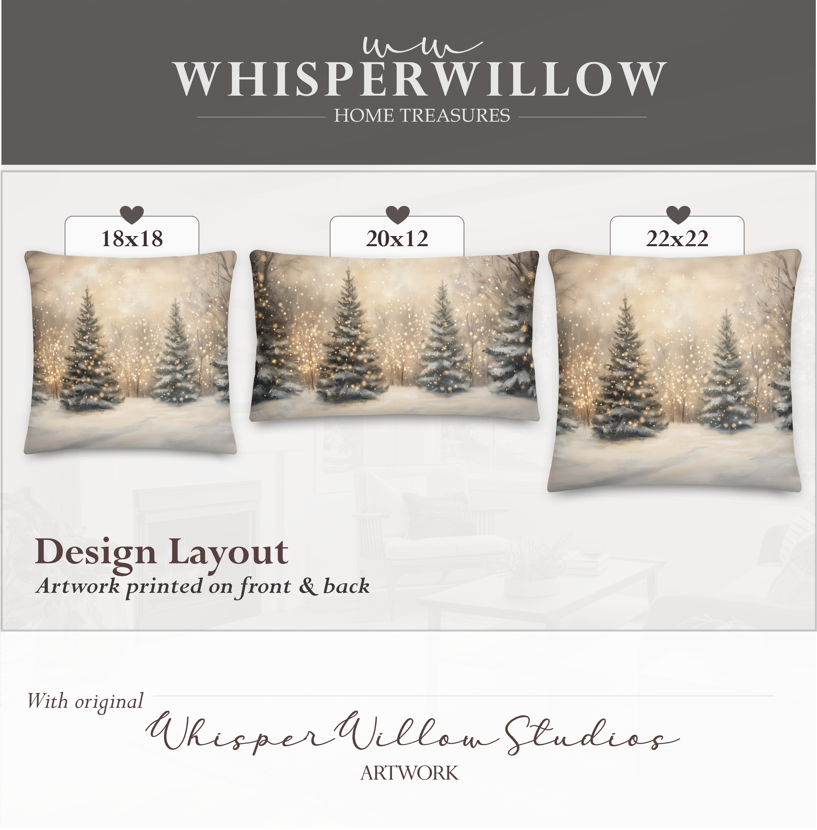 Christmas Winter Forest Throw Pillow | Snow-Covered Trees with Golden Lights | Holiday Decor Gift Cushion