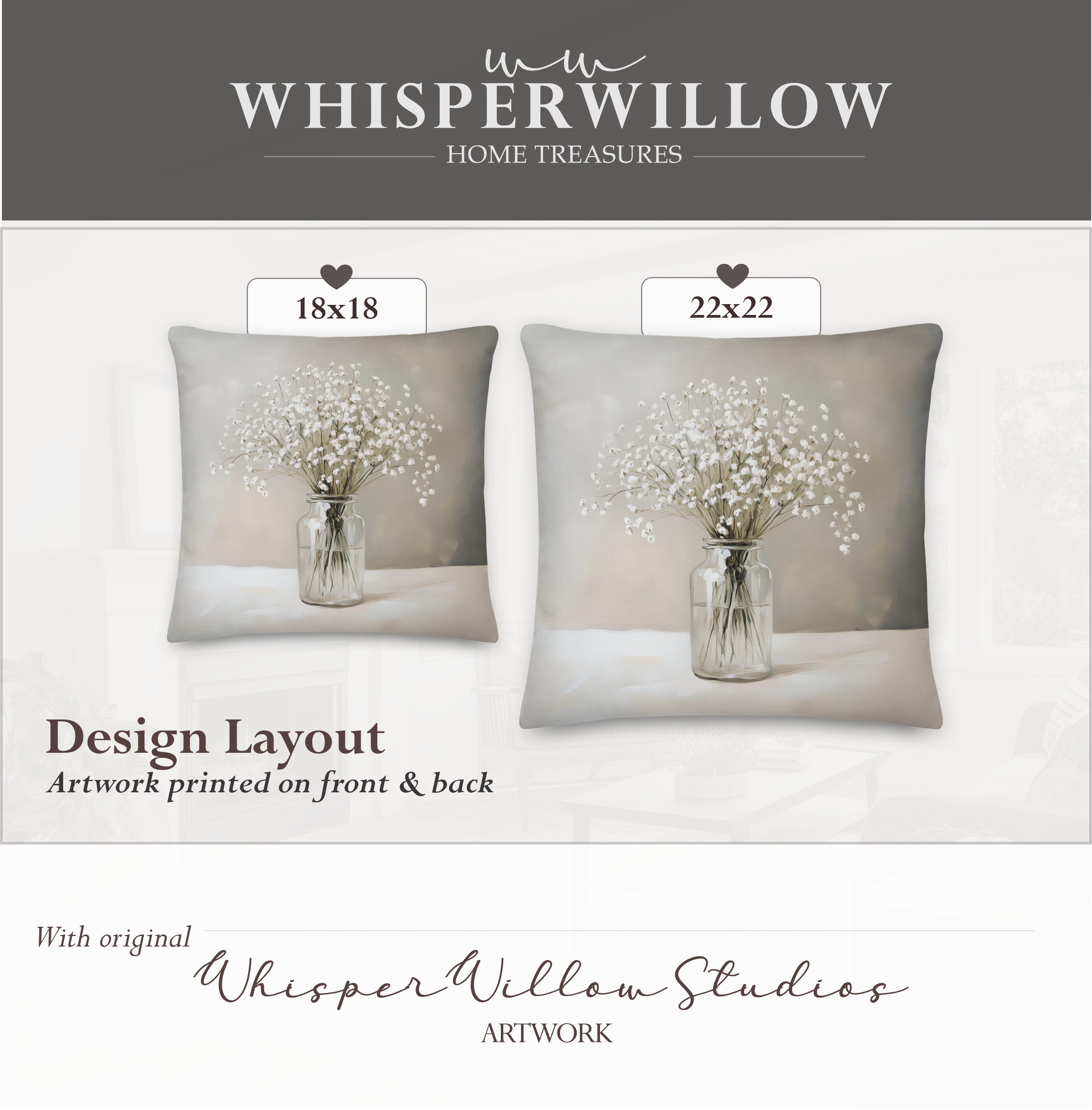 Dekokissen mit Schleierkraut-Motiv | Blumenstrauß in Vase | Kissen im minimalistischen Landhausstil (neutral)