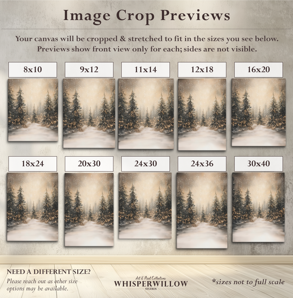 Leinwandbild Winterwald mit Lichterketten | Verschneite Kiefernwaldszene | Rustikale Weihnachtsdeko