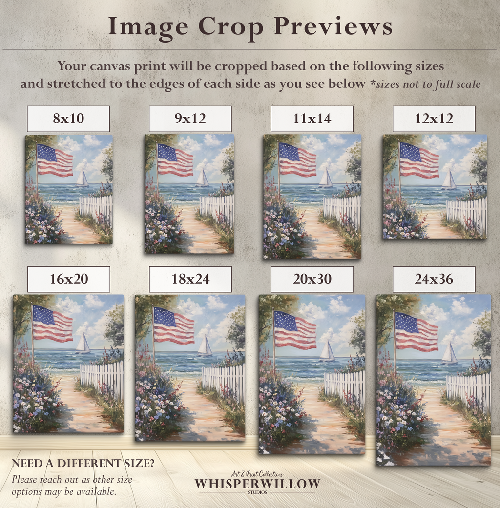 Leinwandbild mit amerikanischer Flagge und Küstenmotiv – Segelboot, patriotische Sommerblume, weißer Lattenzaun, rustikales Strandmotiv zum 4. Juli