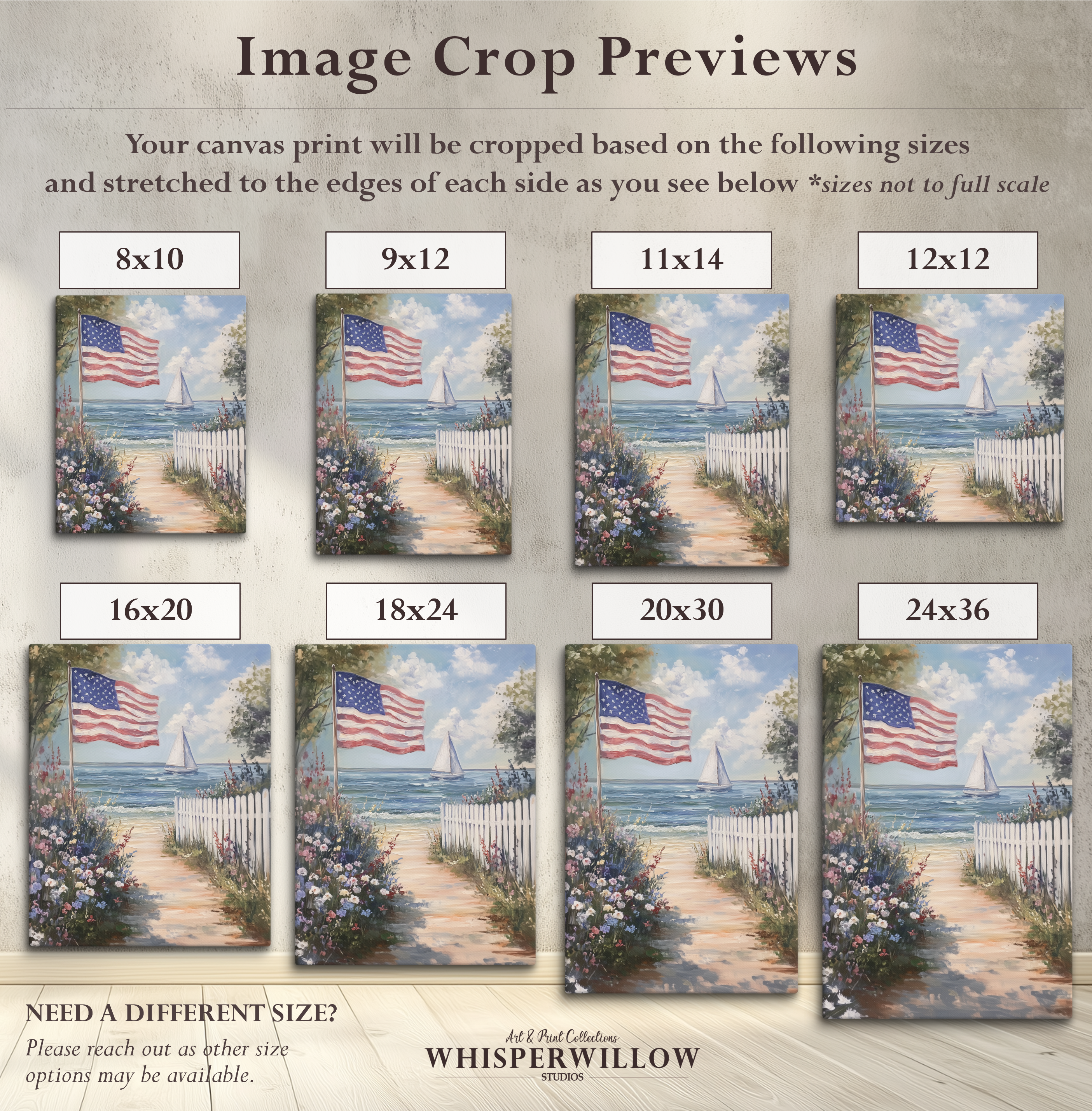 Leinwandbild mit amerikanischer Flagge und Küstenmotiv – Segelboot, patriotische Sommerblume, weißer Lattenzaun, rustikales Strandmotiv zum 4. Juli