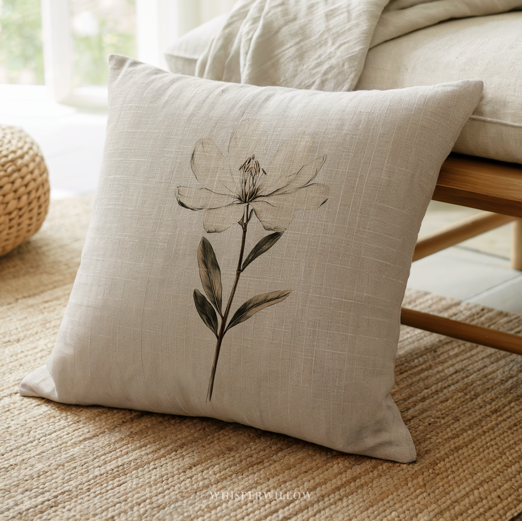 Dekokissen mit weißem botanischem Blumenmuster – Minimalistischer, neutraler Kissenbezug mit Blumenmuster