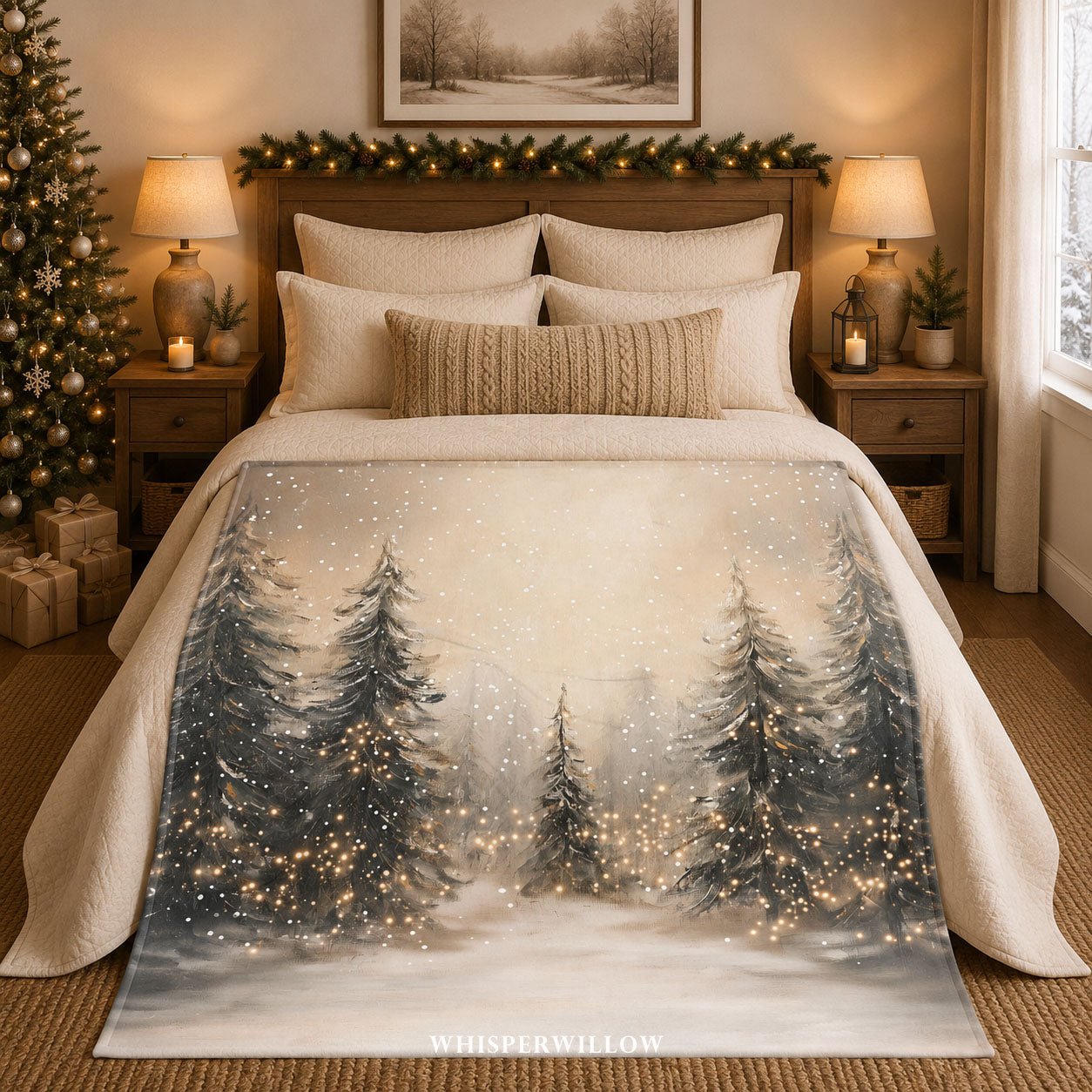 Snowy Pine Forest Throw Blanket - Winter Wonderland Lights holiday Gift by WhisperWillow Studios