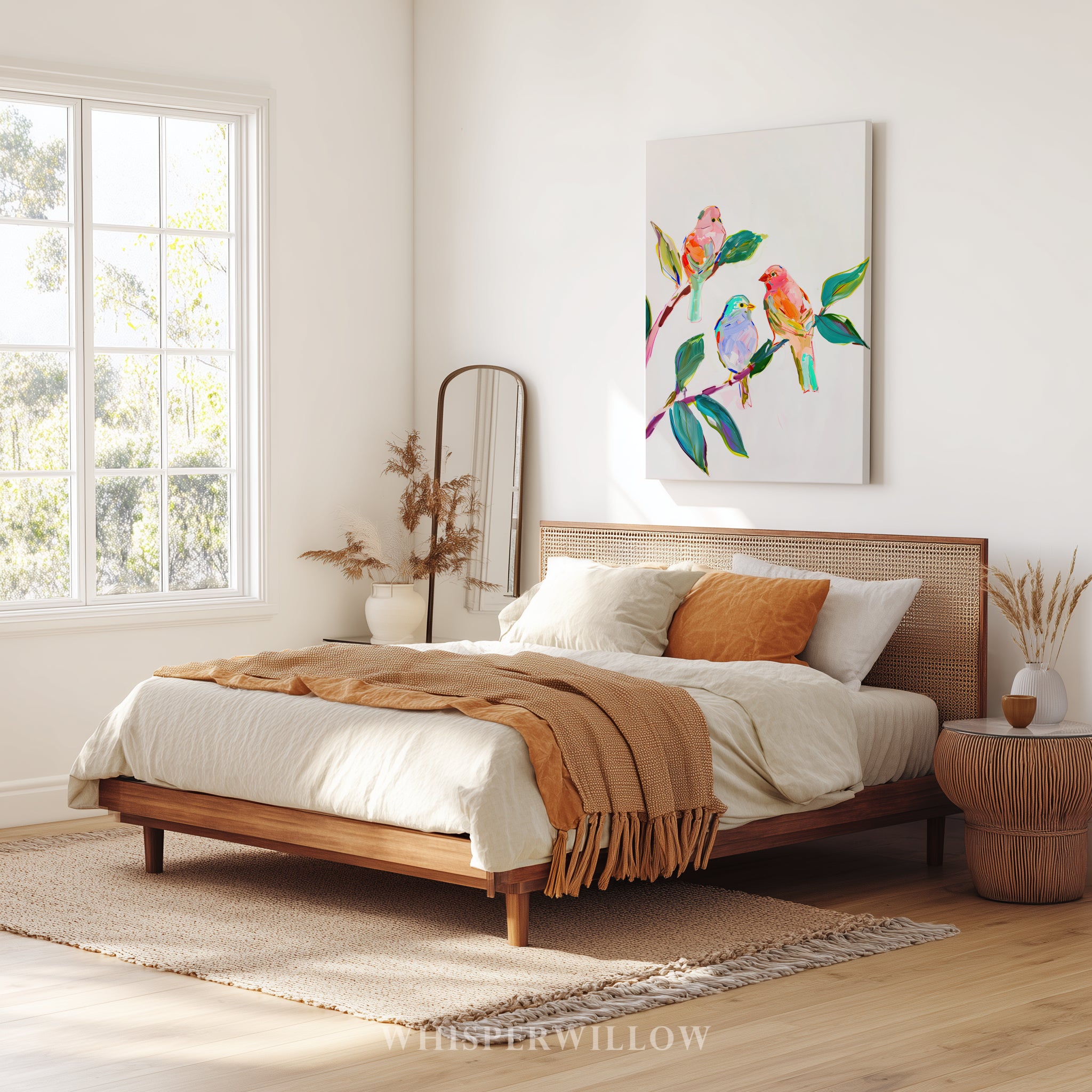 Leinwandbild mit Wildvögeln | Farbenfrohe Singvögel auf einem Ast | Lebendiges Naturdeko-Geschenk