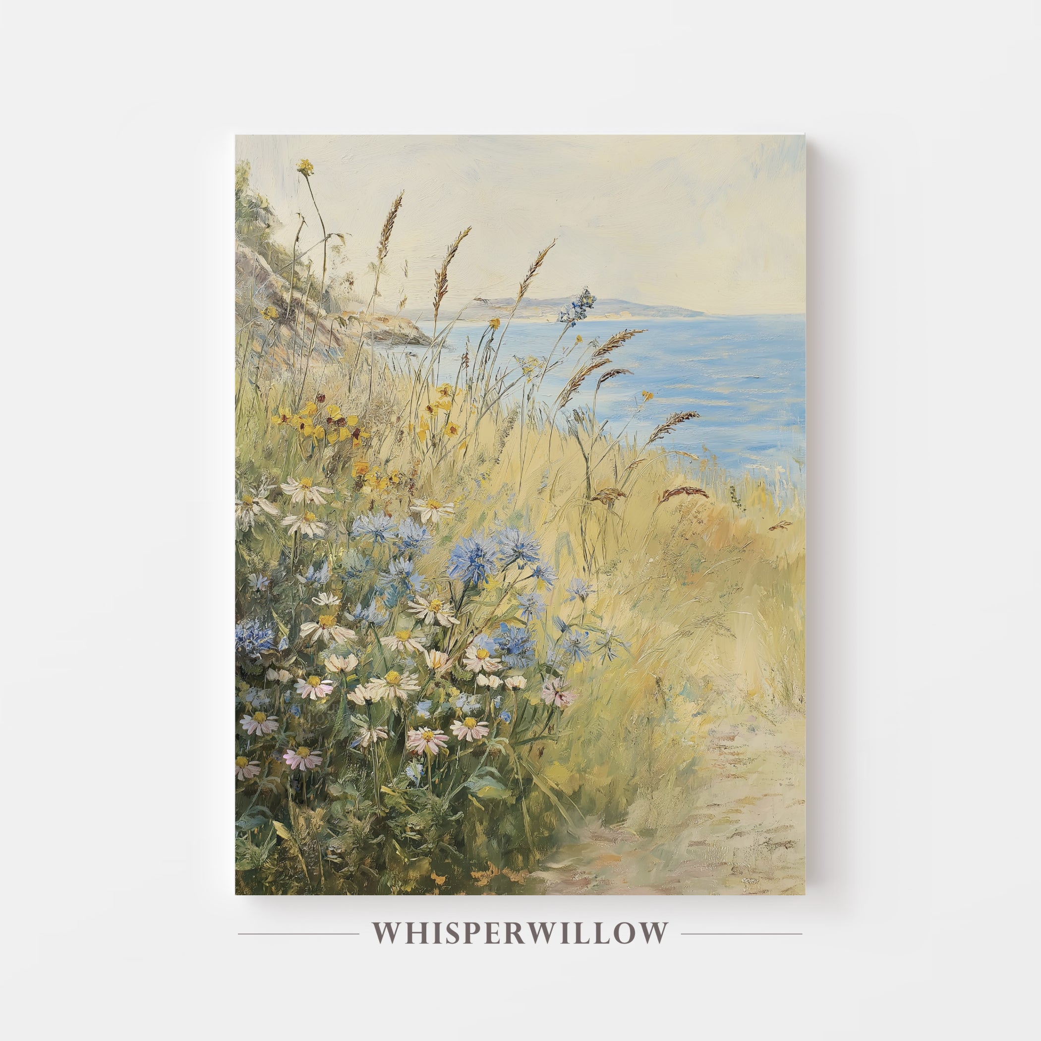 Leinwandbild mit Küstenwildblumen | Vintage-Meereswiesen-Design | Botanische Strandhaus-Dekoration, blau-gelbe Blumendekoration