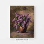 Painting of a vase with purple flowers on a textured background, featuring the brand 'Whisperwillow'.