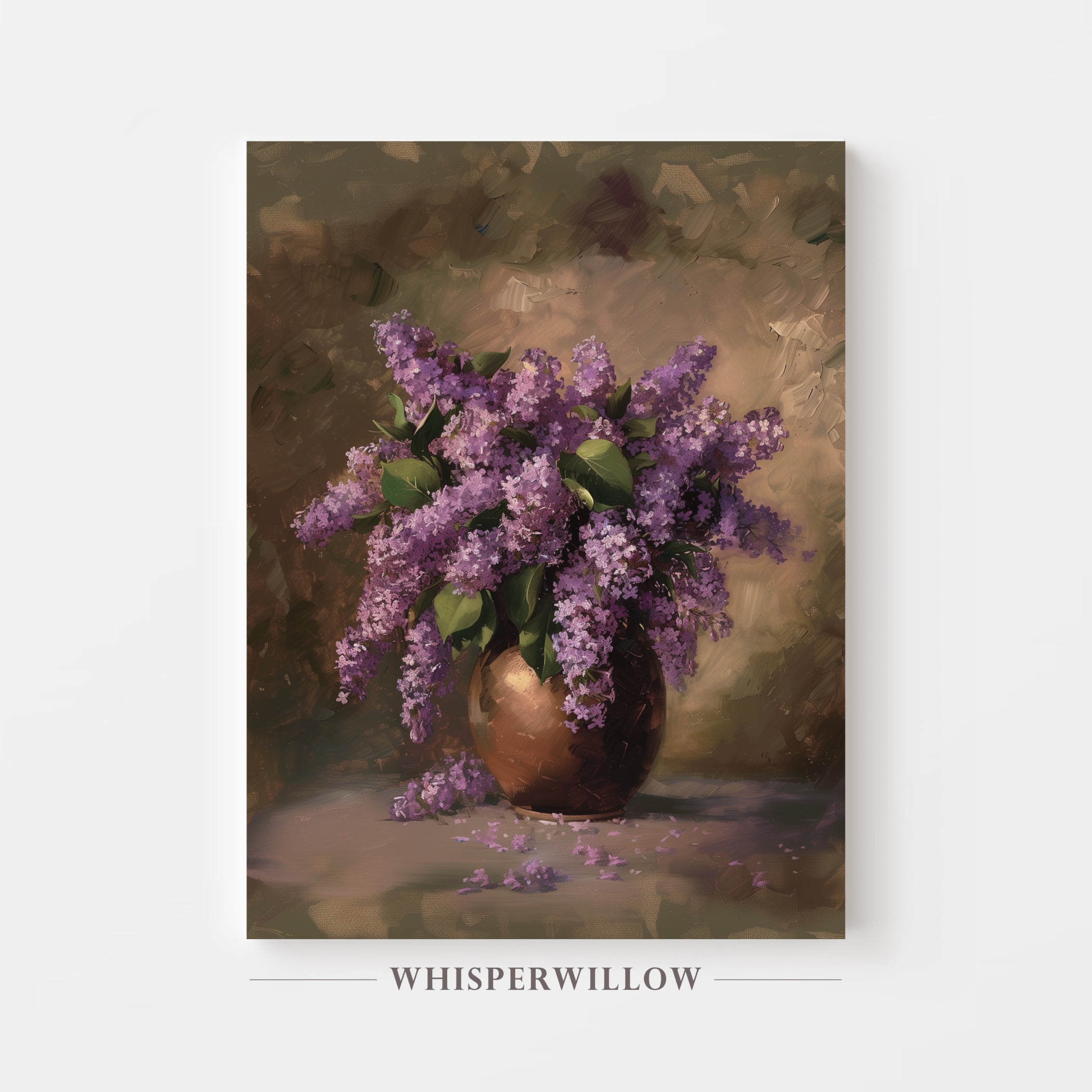 Painting of a vase with purple flowers on a textured background, featuring the brand 'Whisperwillow'.