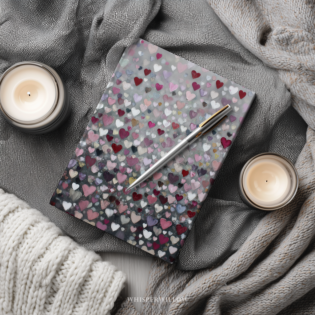 Notebook with heart pattern, pen, and candles on gray fabric WhisperWillow Studios Home Decor Gift