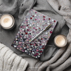 Notebook with heart pattern, pen, and candles on gray fabric WhisperWillow Studios Home Decor Gift