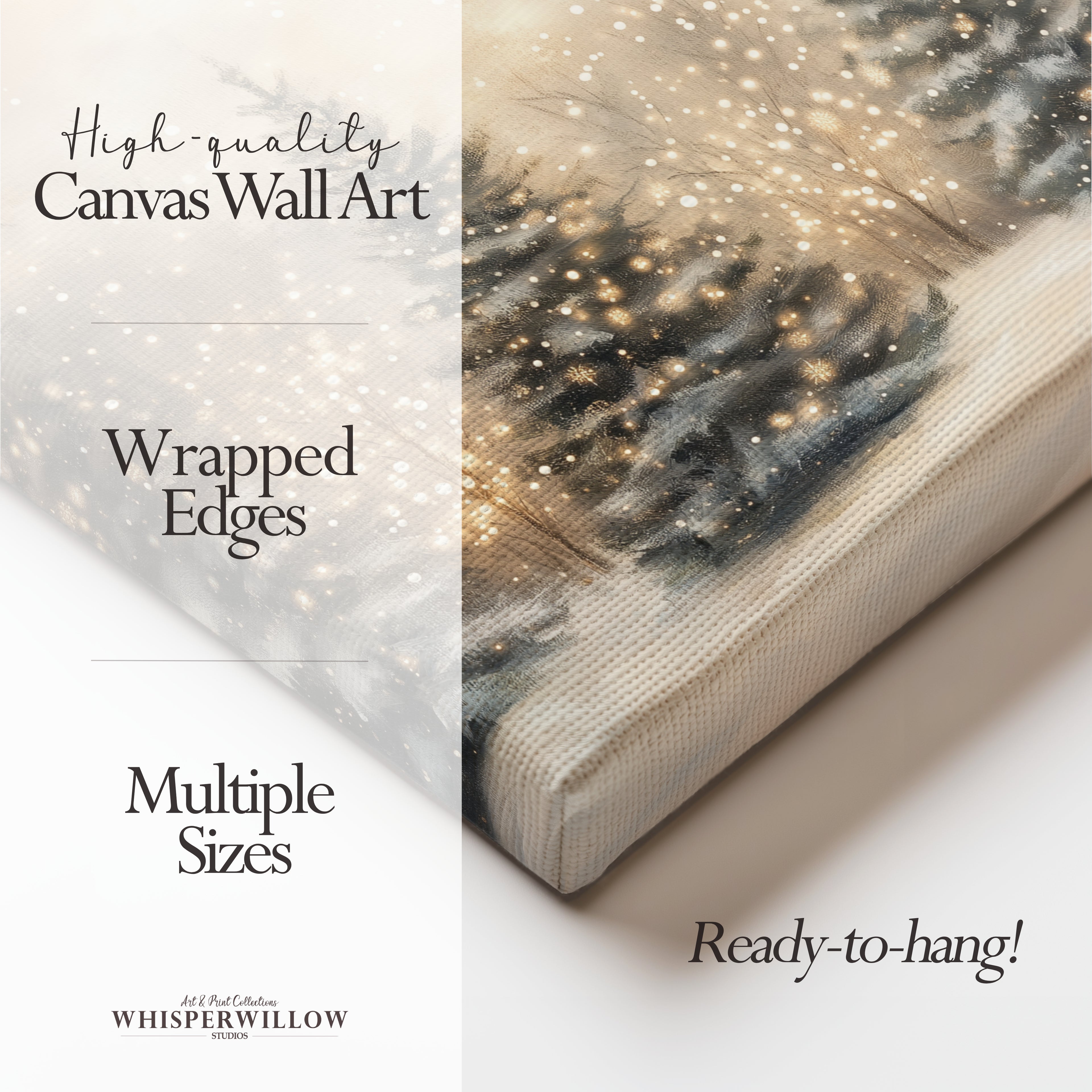 Weihnachtsbaum-Lichterkette als Leinwandbild – Bezaubernder verschneiter Winterwald, magischer Wald