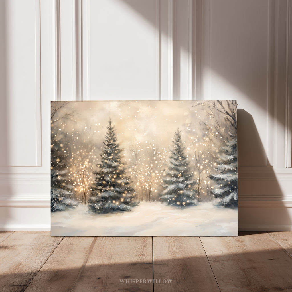 Weihnachtsbaum-Lichterkette als Leinwandbild – Bezaubernder verschneiter Winterwald, magischer Wald