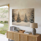 Weihnachtsbaum-Lichterkette als Leinwandbild – Bezaubernder verschneiter Winterwald, magischer Wald