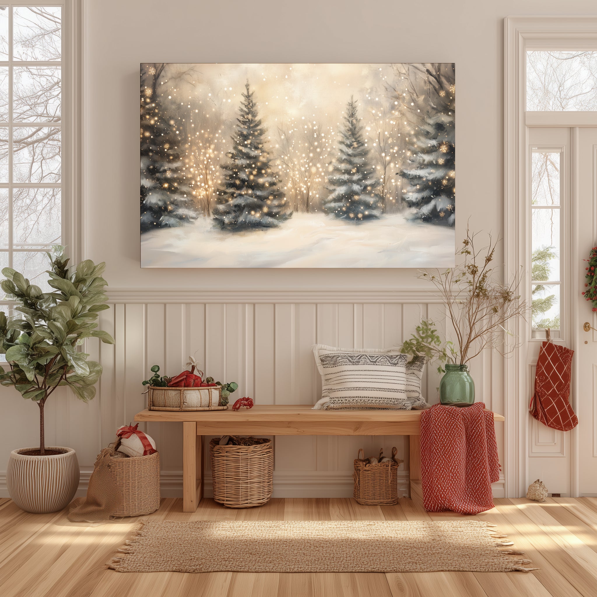 Weihnachtsbaum-Lichterkette als Leinwandbild – Bezaubernder verschneiter Winterwald, magischer Wald