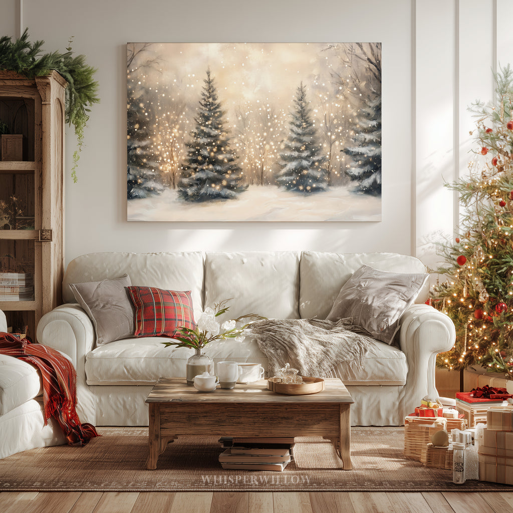 Weihnachtsbaum-Lichterkette als Leinwandbild – Bezaubernder verschneiter Winterwald, magischer Wald