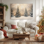 Weihnachtsbaum-Lichterkette als Leinwandbild – Bezaubernder verschneiter Winterwald, magischer Wald