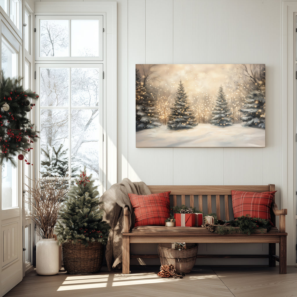 Weihnachtsbaum-Lichterkette als Leinwandbild – Bezaubernder verschneiter Winterwald, magischer Wald