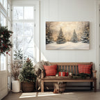 Weihnachtsbaum-Lichterkette als Leinwandbild – Bezaubernder verschneiter Winterwald, magischer Wald