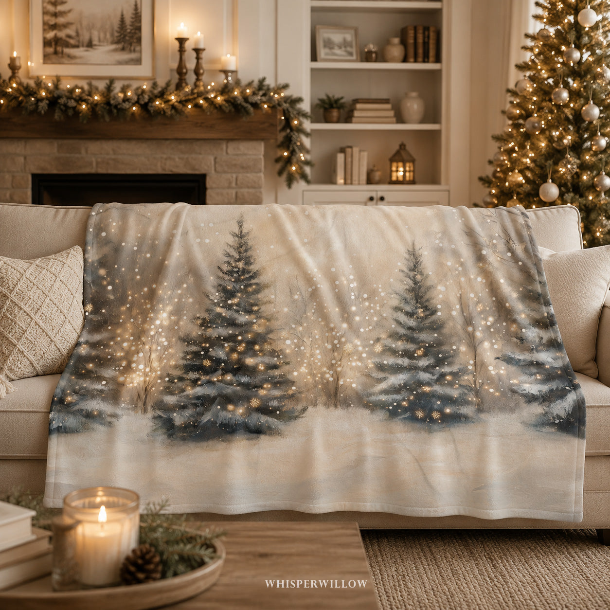 Winter Forest Throw Blanket - Snowy Trees Golden Lights Premium Holiday Gift by WhisperWillow Studios
