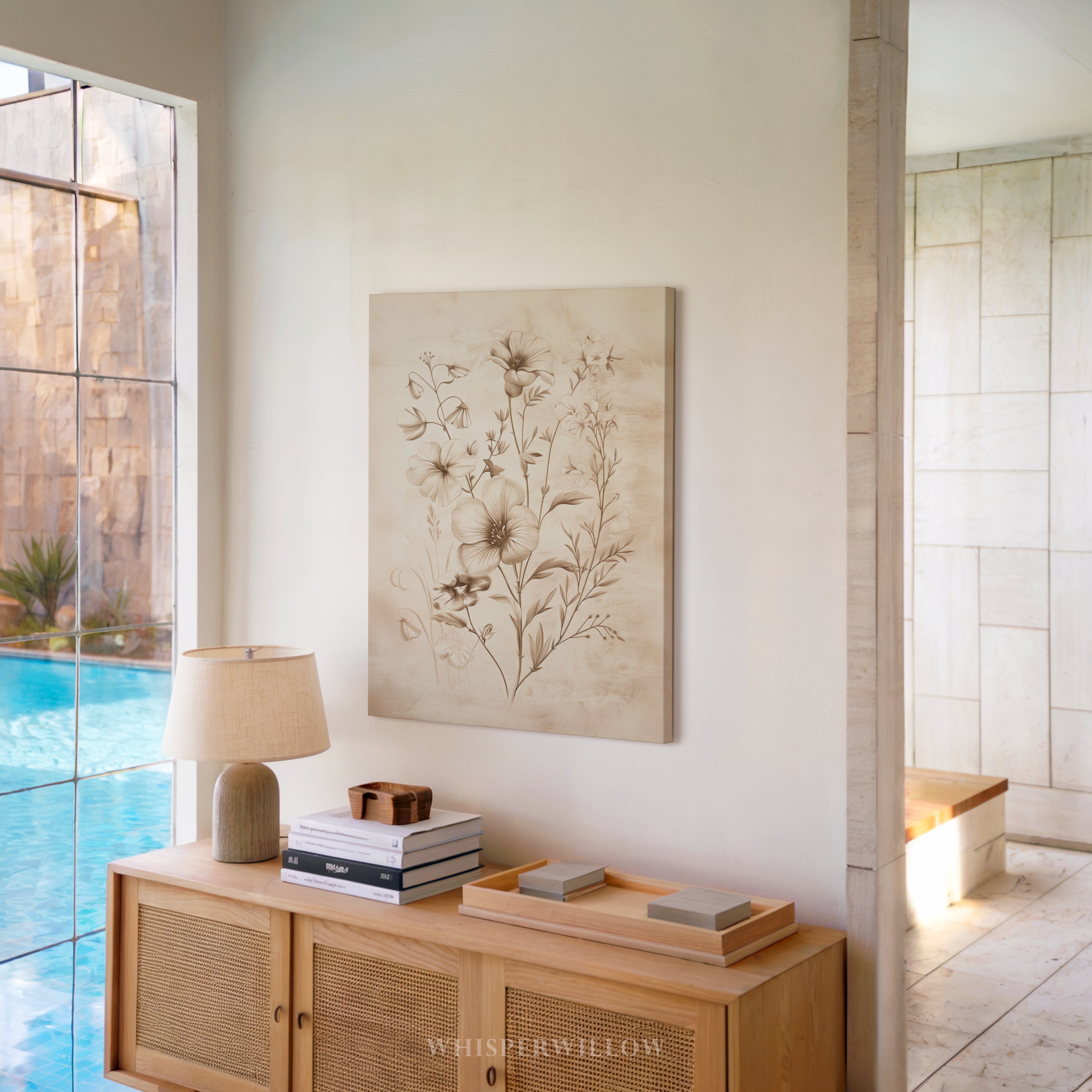 Vintage-Wandbild mit floralem Sepia-Ton – Elegante botanische Strichzeichnung einer Blume