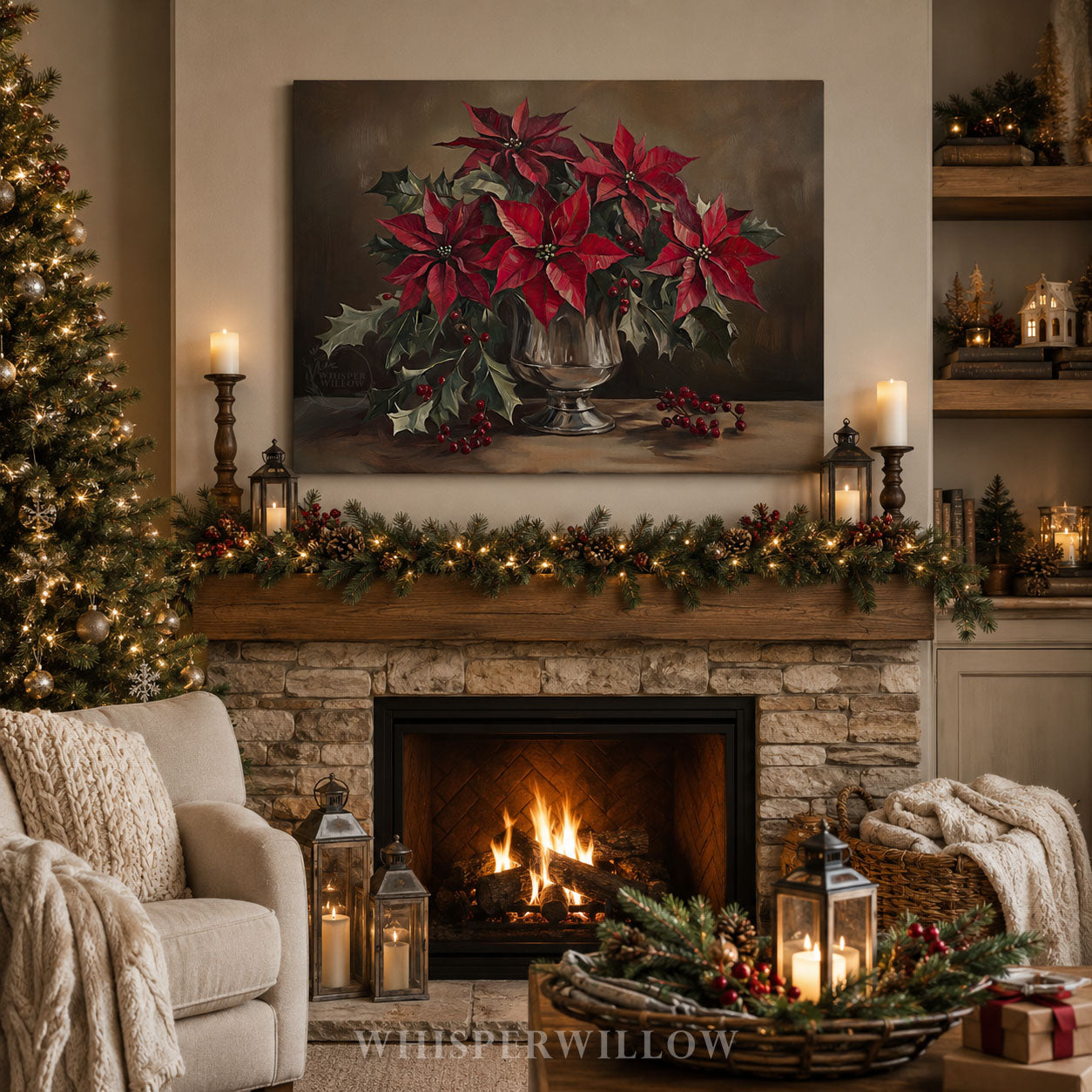 Christmas Canvas Wall Art | Red Poinsettia Floral Silver Vase | Botanical Winter Holiday Home Decor Gift