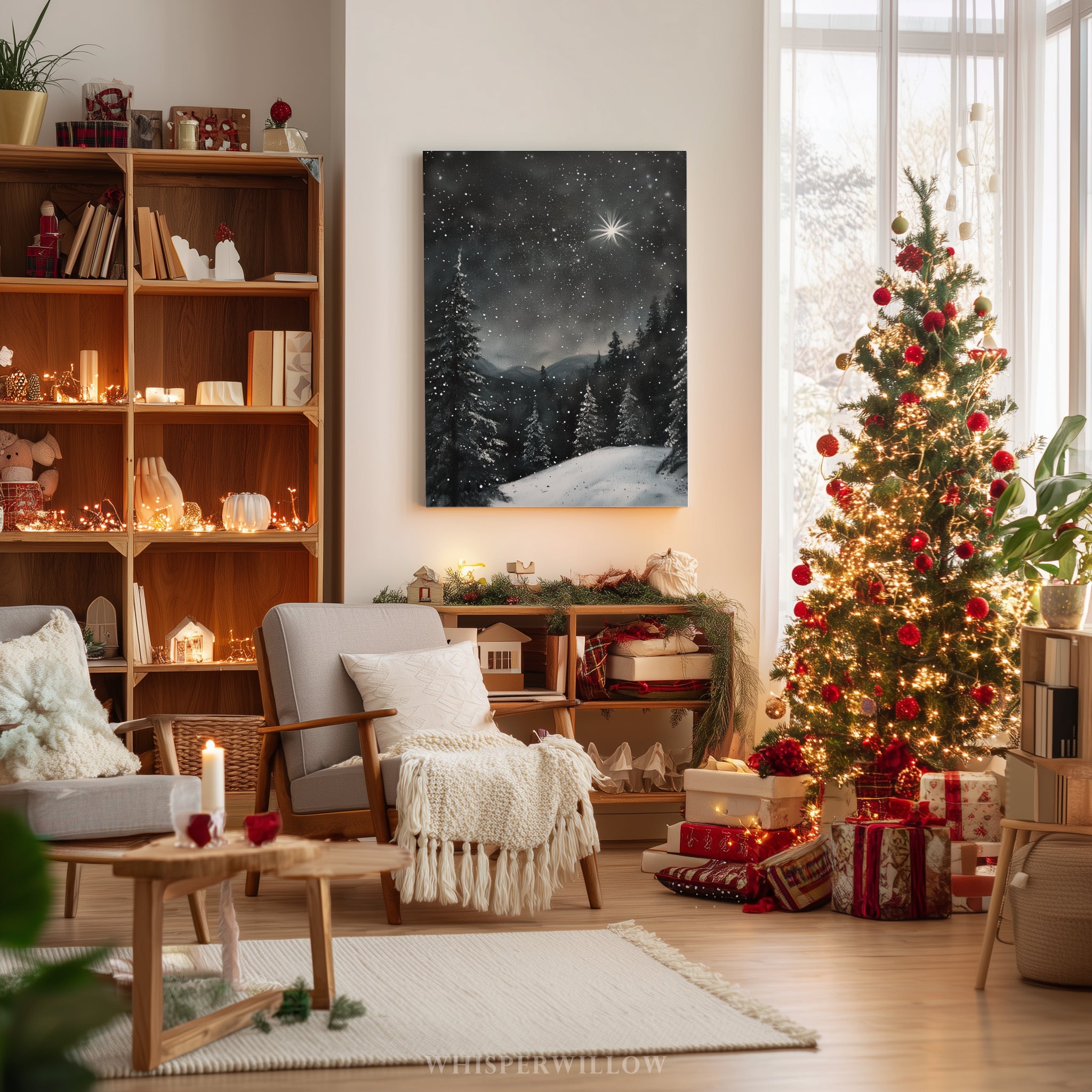 Winterliches Leinwandbild | Sternennacht, verschneiter Wald, Polarstern | Weihnachtsgeschenk