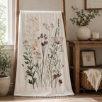 Wildflower Botanical Plush Throw Blanket | Vintage Meadow Floral Cottagecore | Neutral Garden Decor Gift