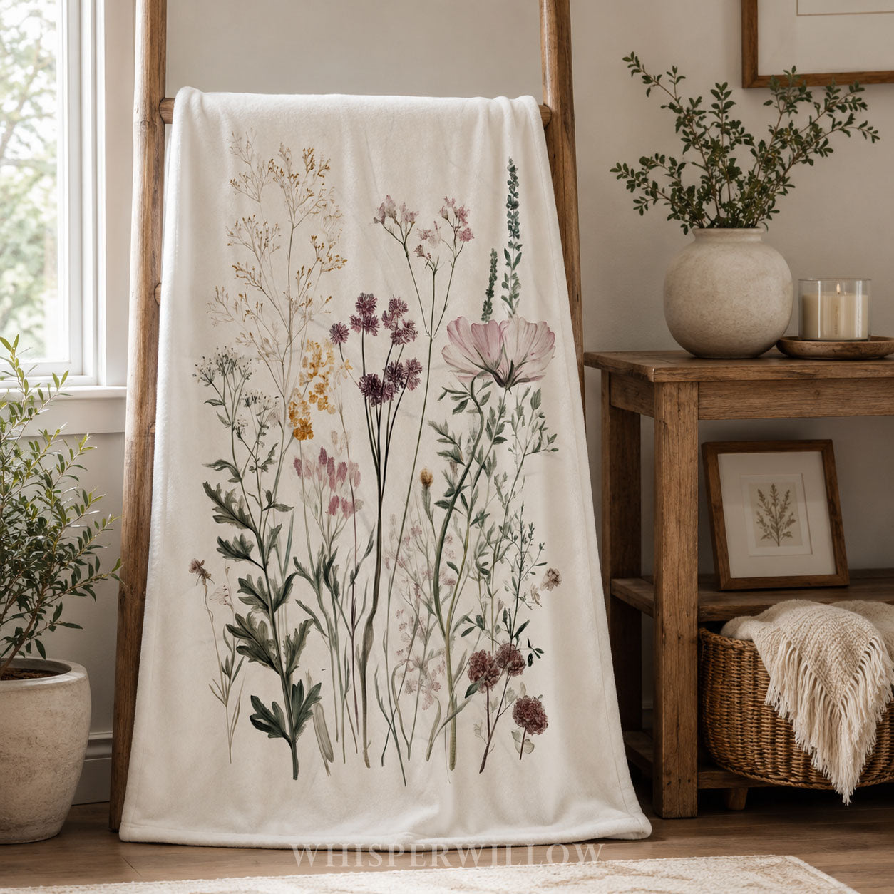 Wildflower Botanical Plush Throw Blanket | Vintage Meadow Floral Cottagecore | Neutral Garden Decor Gift