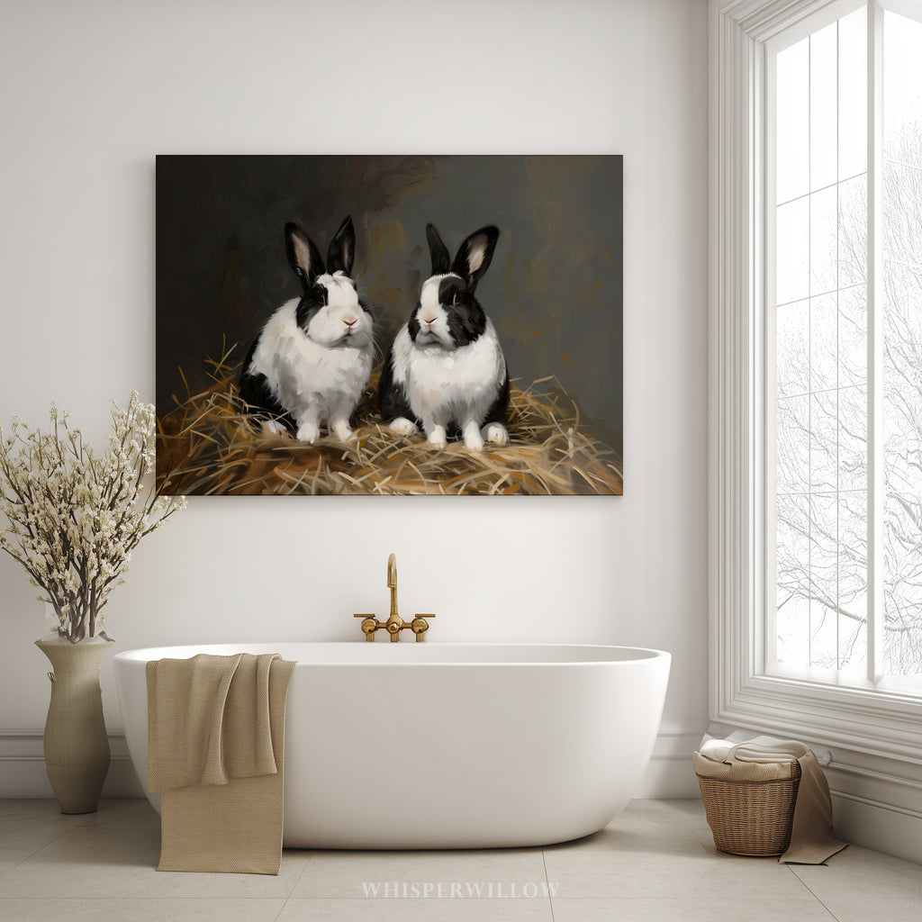 Leinwandbild mit schwarz-weißem Kaninchen – Rustikales Frühlingsmotiv im Landhausstil mit holländischem Hasenmotiv