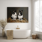 Leinwandbild mit schwarz-weißem Kaninchen – Rustikales Frühlingsmotiv im Landhausstil mit holländischem Hasenmotiv