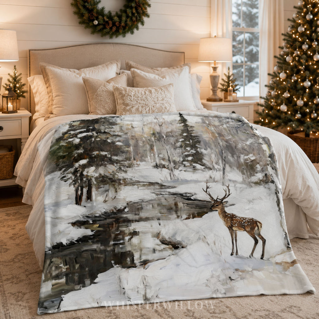 Winter Deer Forest Plush Throw Blanket - Snowy Woodland Stream Gift, Christmas Decor