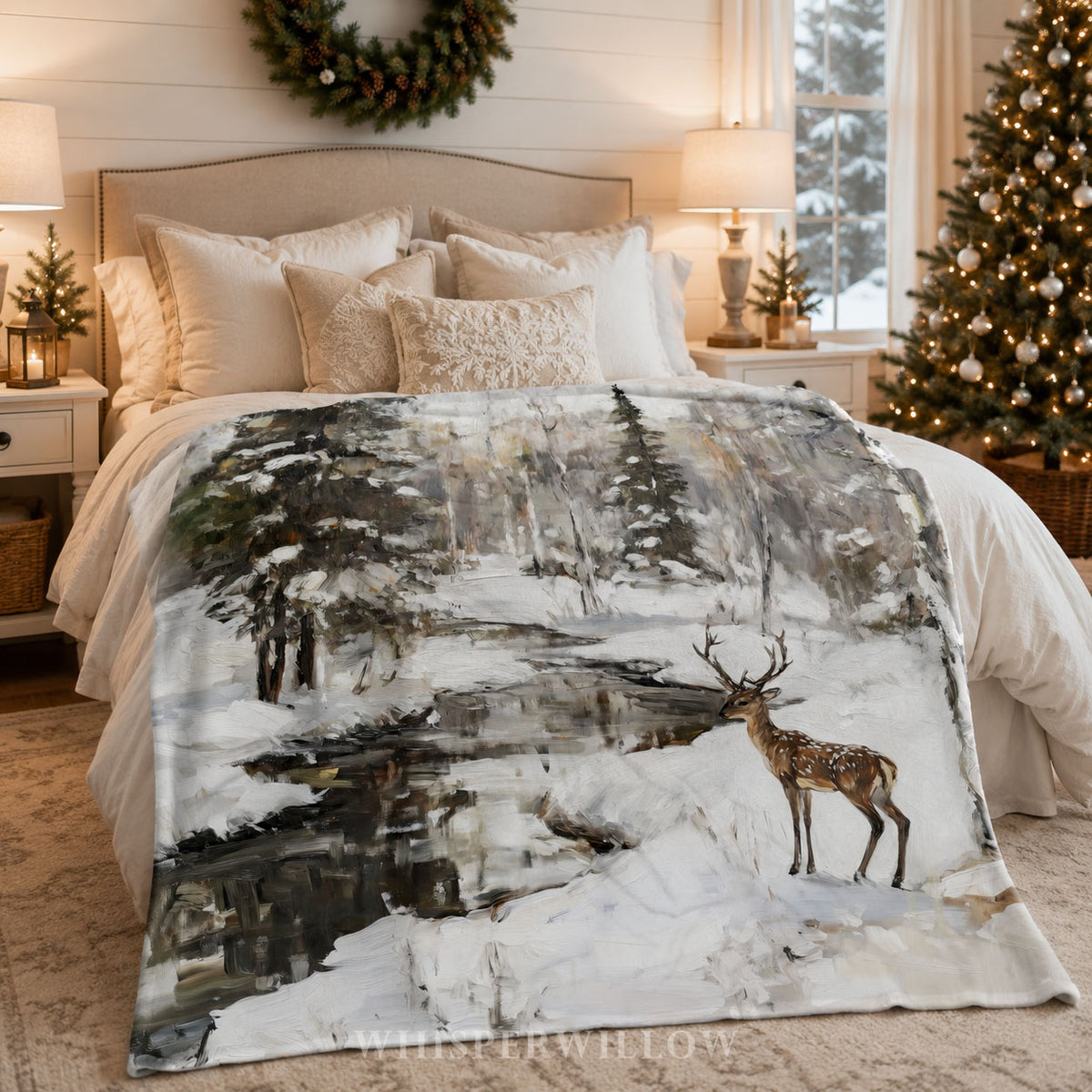 Winter Deer Forest Plush Throw Blanket - Snowy Woodland Stream Gift, Christmas Decor