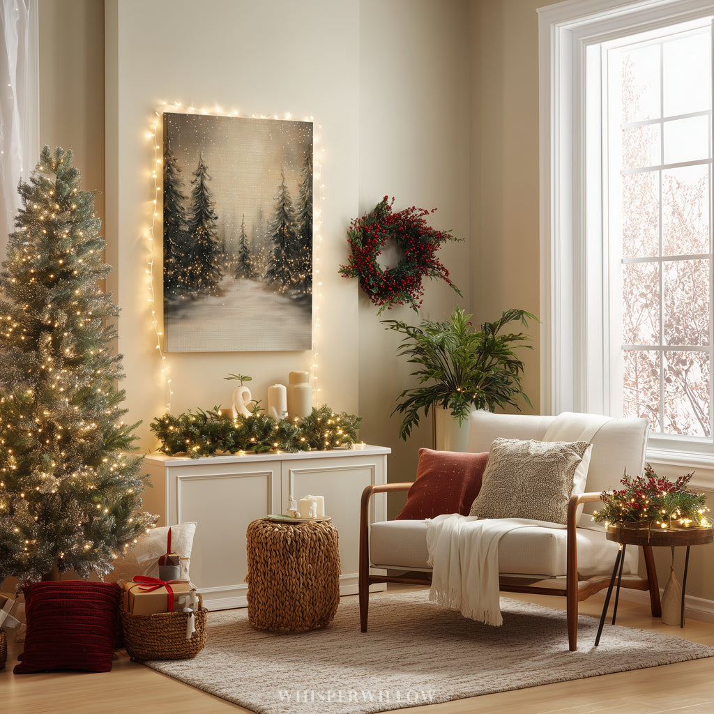 Leinwandbild Winterwald mit Lichterketten | Verschneite Kiefernwaldszene | Rustikale Weihnachtsdeko