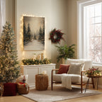 Leinwandbild Winterwald mit Lichterketten | Verschneite Kiefernwaldszene | Rustikale Weihnachtsdeko