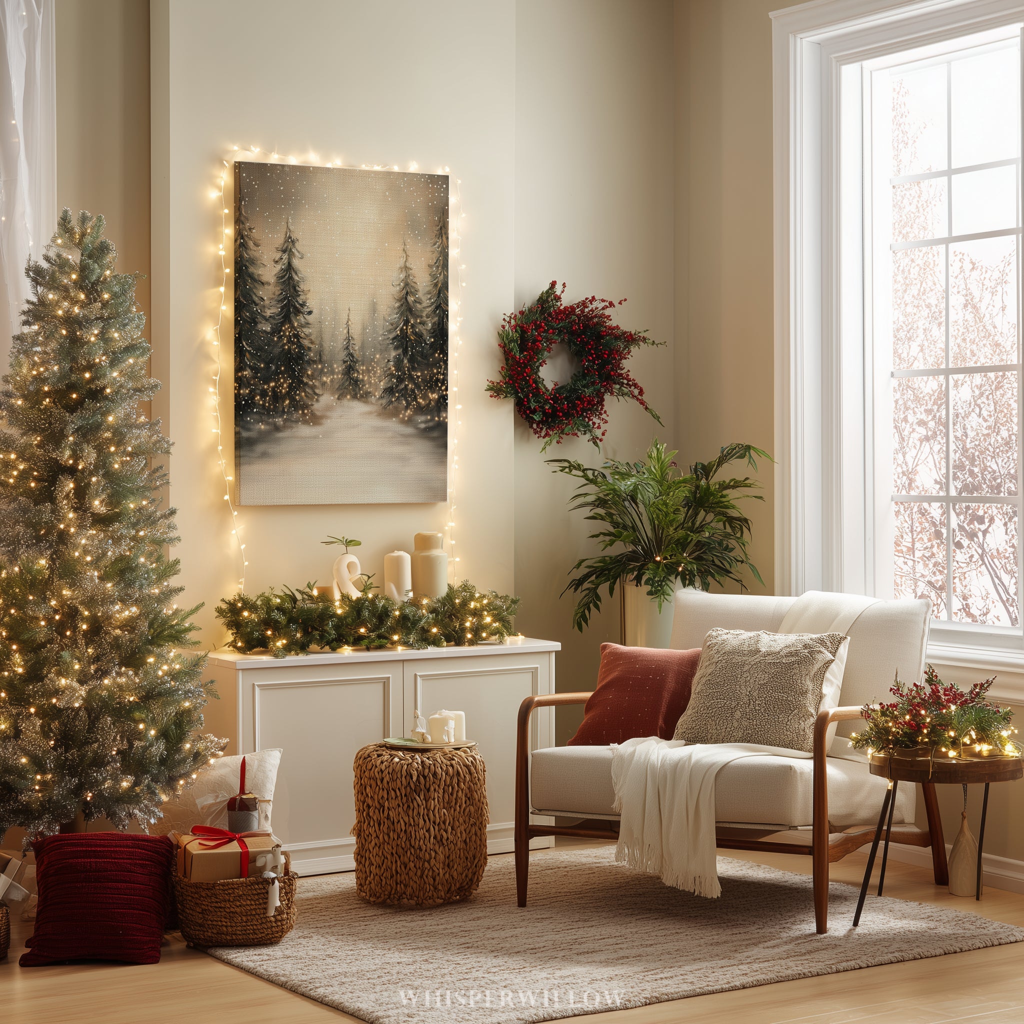 Leinwandbild Winterwald mit Lichterketten | Verschneite Kiefernwaldszene | Rustikale Weihnachtsdeko