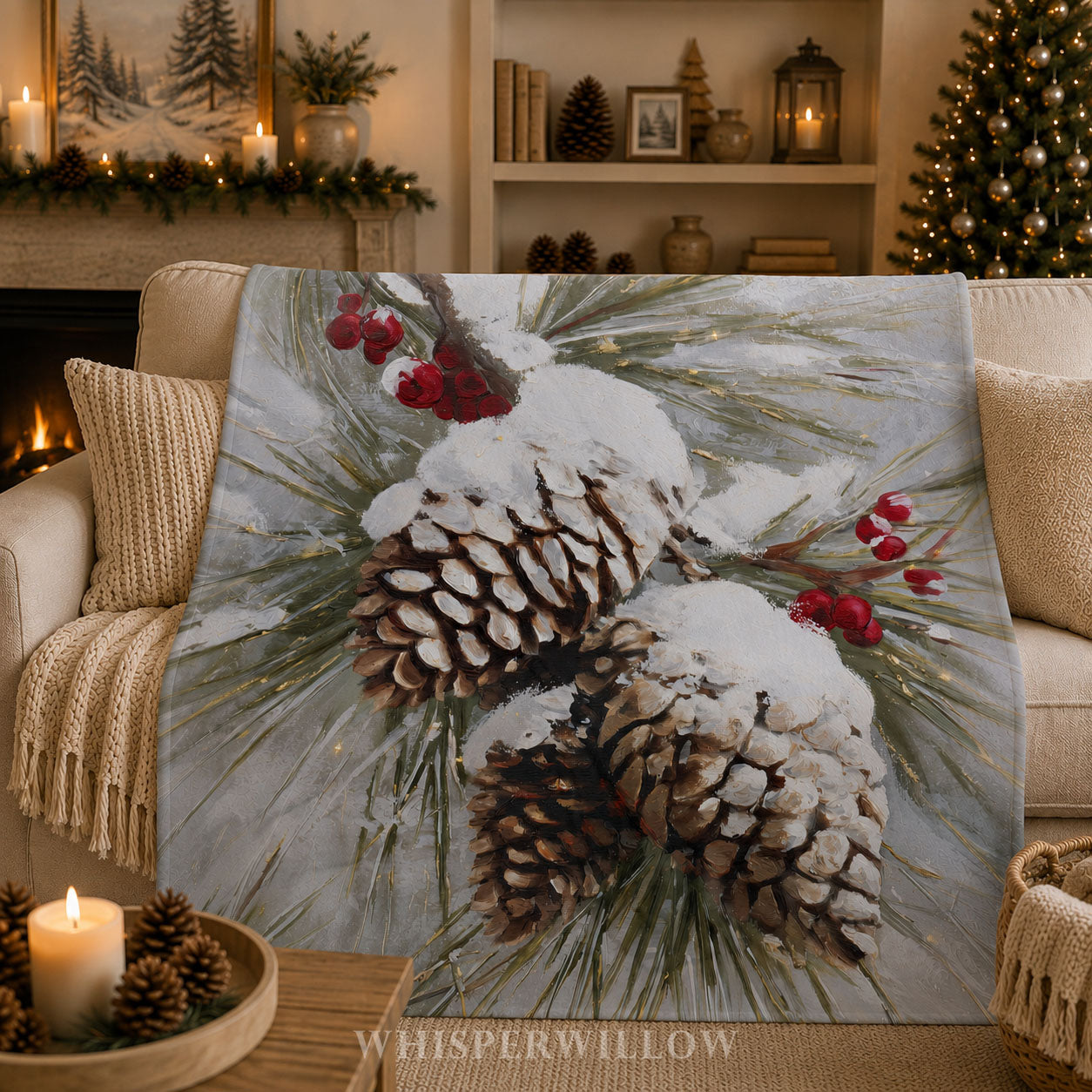 Snowy Pinecone Throw Blanket - Evergreen Red Berry Winter Gift by WhisperWillow Studios