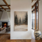 Winterliches Leinwandbild | Verschneiter Kiefernwald mit funkelnden Lichtern | Gemütliche, rustikale Weihnachtsdeko – das perfekte Geschenk für Ihr Zuhause